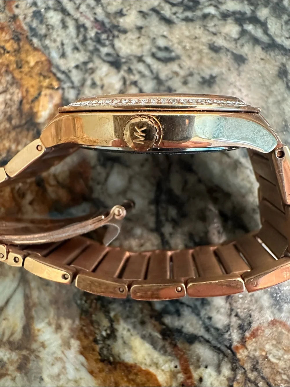 Michael Kors Rose Gold Watch with Black Dial and Crystal Bezel